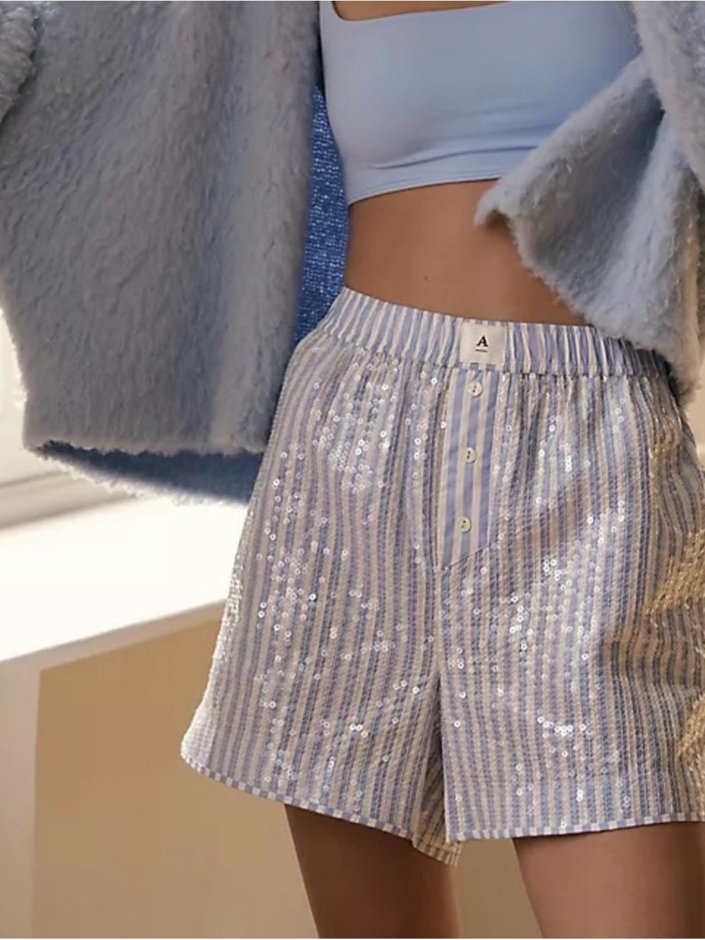 Anthropologie Light Blue & White Sequin Stripe Bermuda Shorts size s